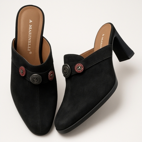 A. Marinelli ✦ Black Leather & Suede Slip-On Heels ✦ Chunk Square Heel Sz 7.5 - Picture 1 of 11
